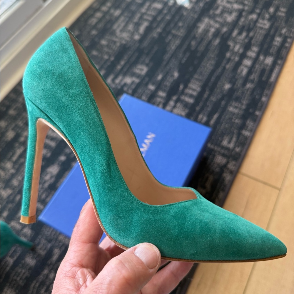 Stuart Weitzman Anny 105 Suede 4 inch Pump color Teal size 37.5